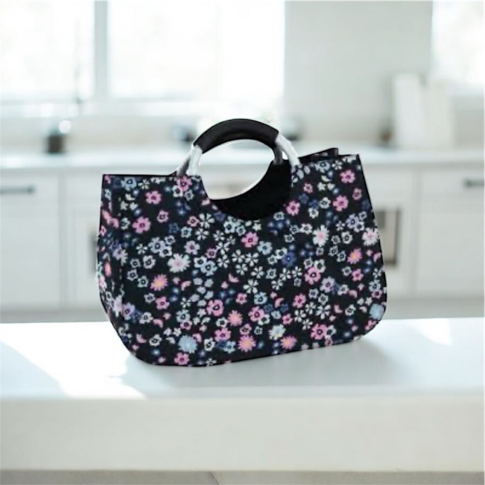 Black Floral Nylon Tote Bag Padded Handles